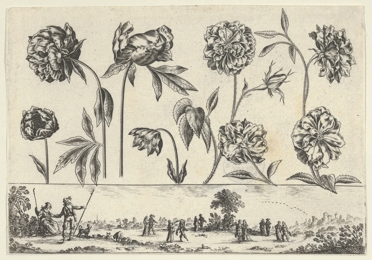 Horizontal Panel with a Row of Flowers Above a Frieze with Figures in a Landscape, from "Livre Nouveau de Fleurs Tres-Util" by Nicolas Cochin, print, 1645
