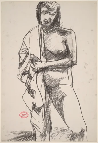 Untitled [standing female nude with drapery over right shoulder] by Richard Diebenkorn, drawing, 1955-1967