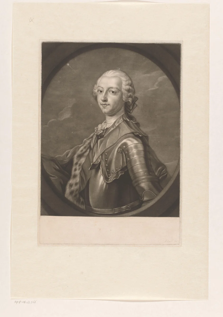 Portret van een man in harnas by James McArdell, print, 1745-1765