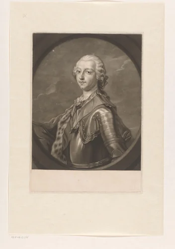 Portret van een man in harnas by James McArdell, print, 1745-1765