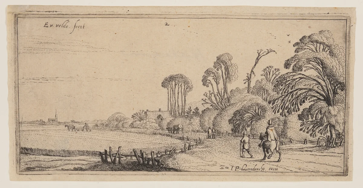 Landscape with a Rider and a Walker on a Road, from Landscapes by Esaias van de Velde, print, 1610-1630