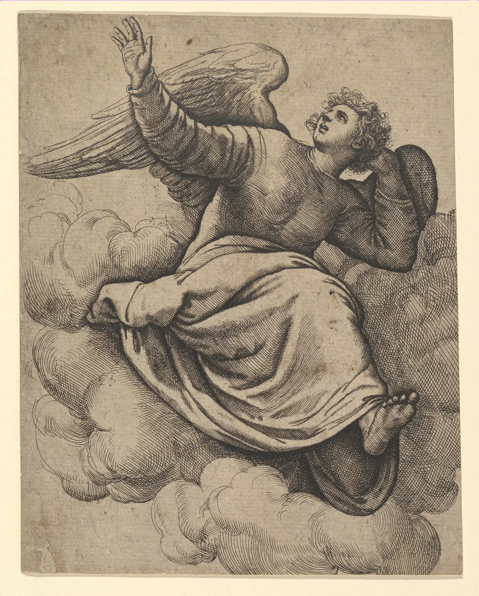 Angel Seated on a Cloud by Battista Franco, print, 1555-1565