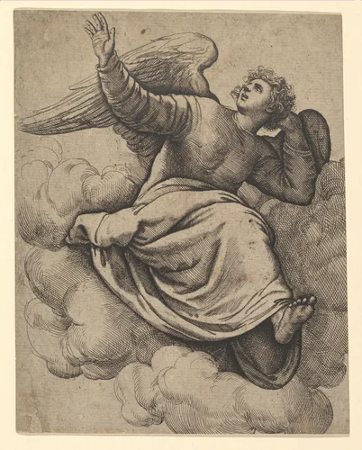Angel Seated on a Cloud by Battista Franco, print, 1555-1565