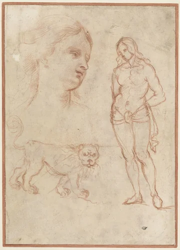H. Sebastiaan, een leeuw en het hoofd van een jonge vrouw by Unknown, drawing, 1567-1602