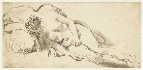 Naakte vrouw liggend tegen een kussen by Rembrandt van Rijn, drawing, 1661-1662