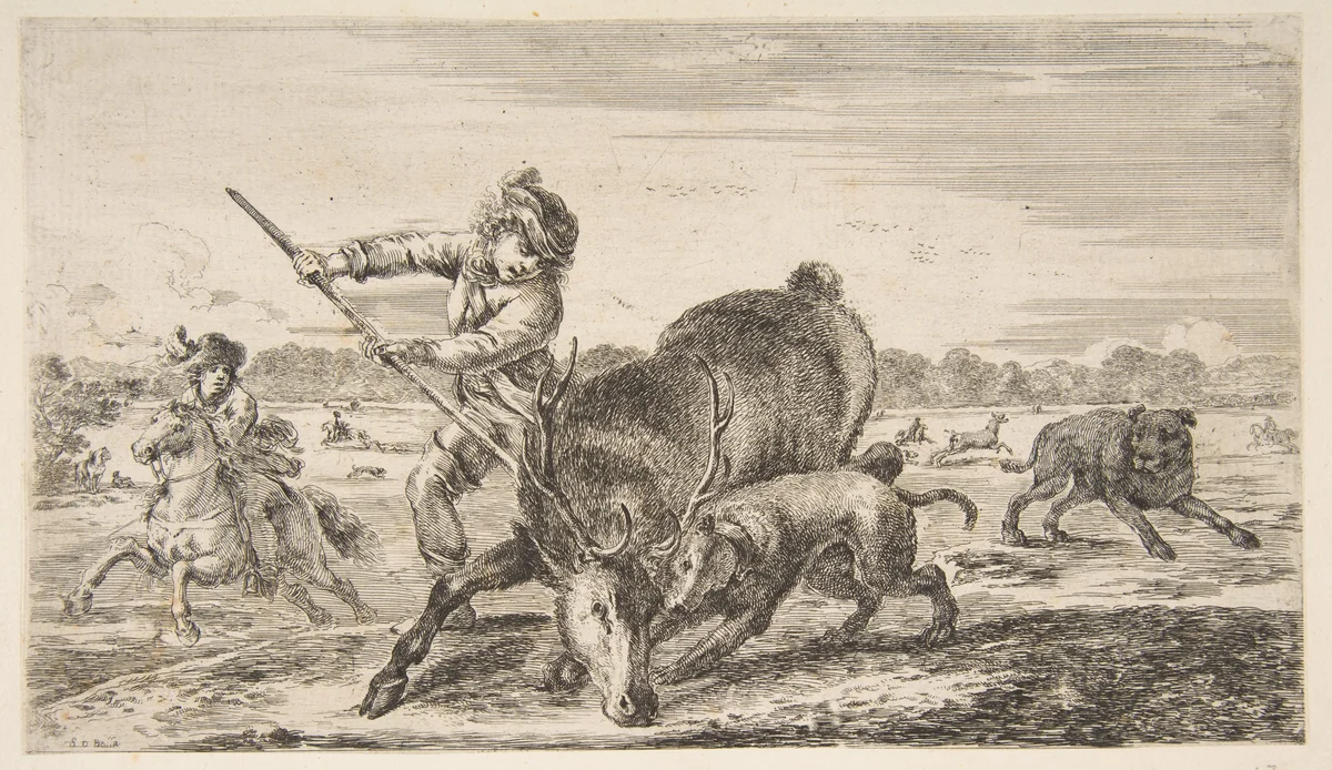 Stag at bay, from "Animal hunts" (Chasses à différents animaux) by Stefano della Bella, print, 1649-1659
