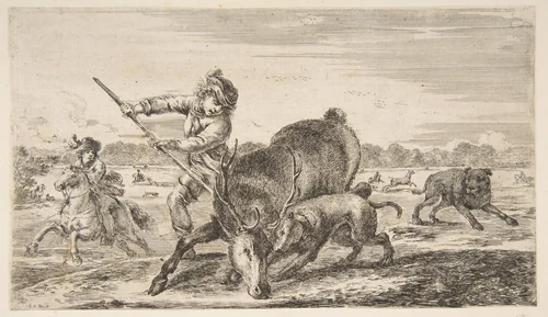 Stag at bay, from "Animal hunts" (Chasses à différents animaux) by Stefano della Bella, print, 1649-1659