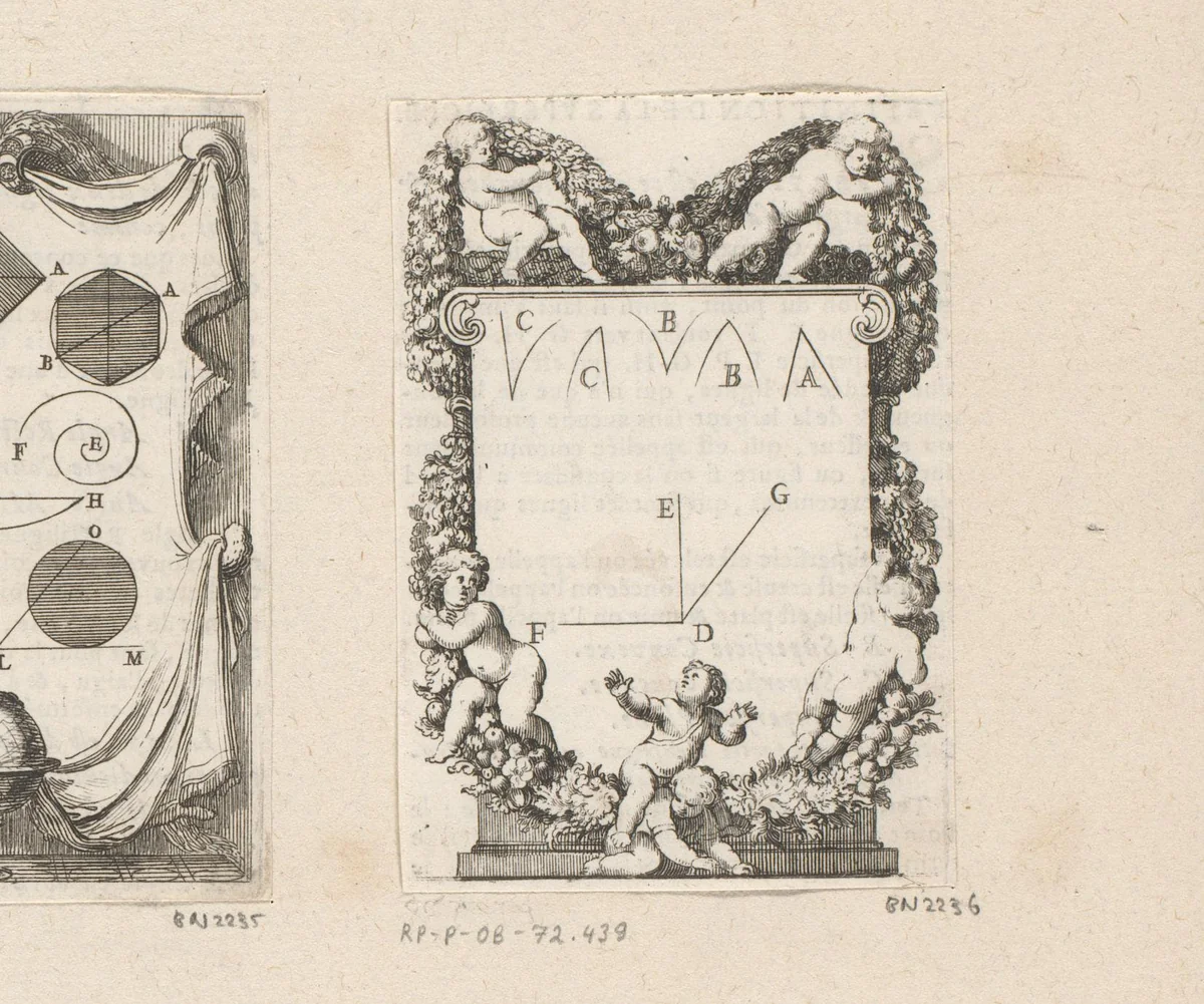 Definitie van de hoek, omringd door putti met guirlandes by Sébastien Leclerc, print, 1669