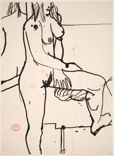 Untitled [standing nude with a mirror and resting her left foot on a support] [recto] by Richard Diebenkorn, drawing, 1955-1967
