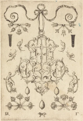 Large Pendant with Three Drops Below by Daniel Mignot, print, 1593