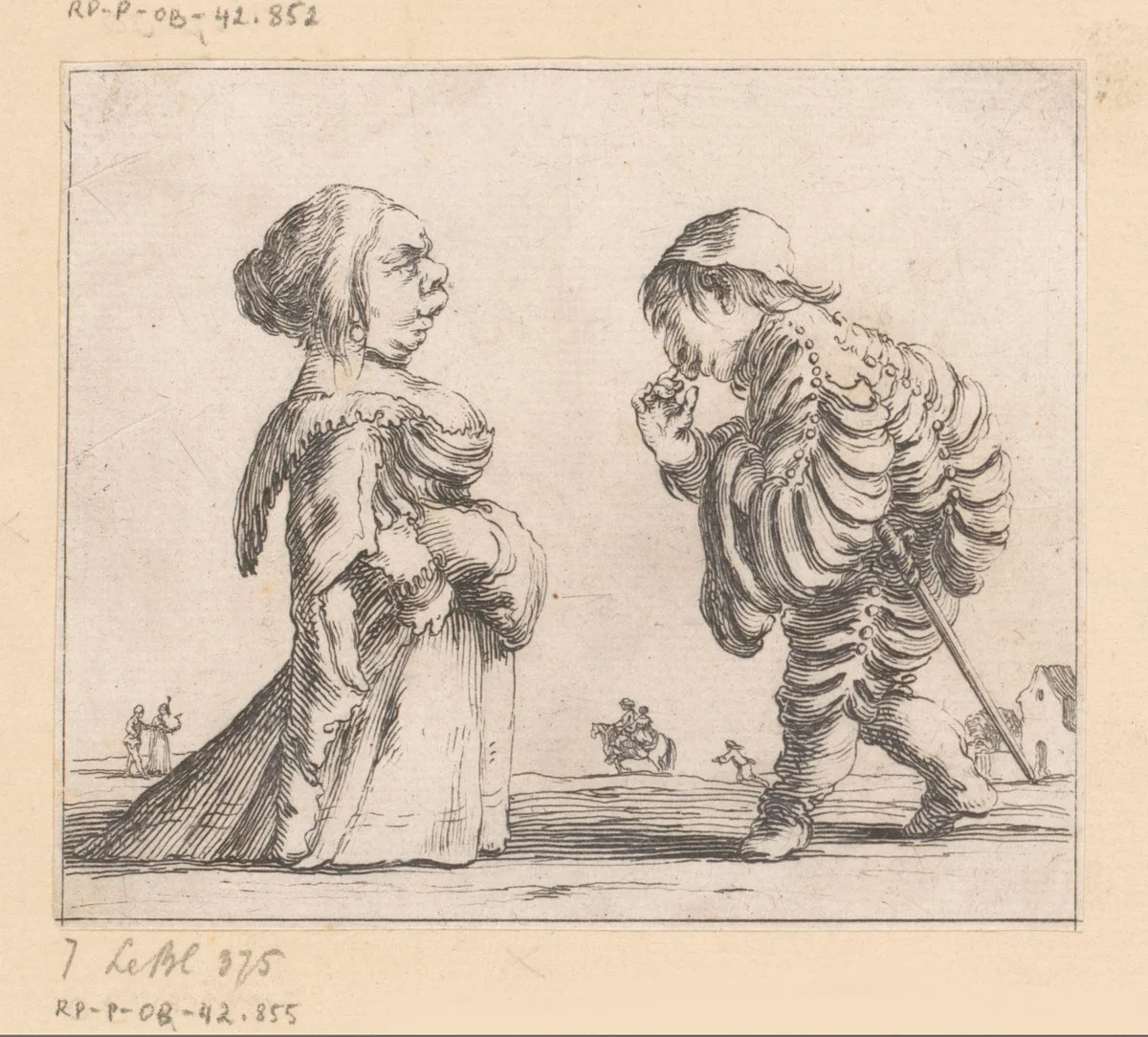 Karikaturale voorstelling van een man en een vrouw by François Collignon, print, 1620-1687