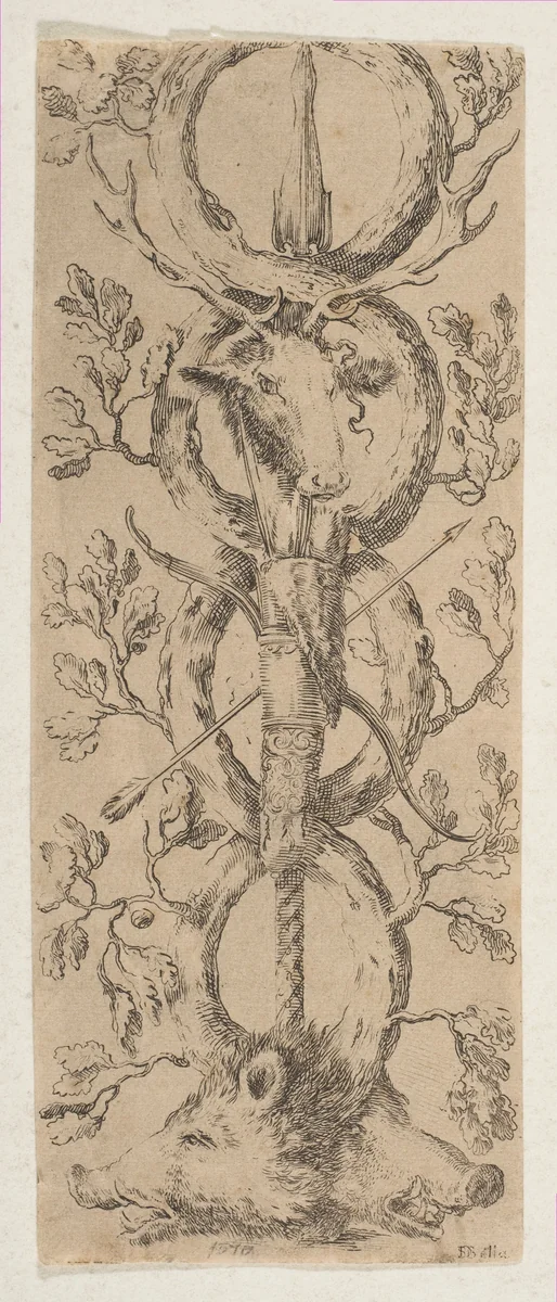 Heads of a Stag and Two Boars in Rinceaux of Oak Branches by Stefano della Bella, print, 1648-1658