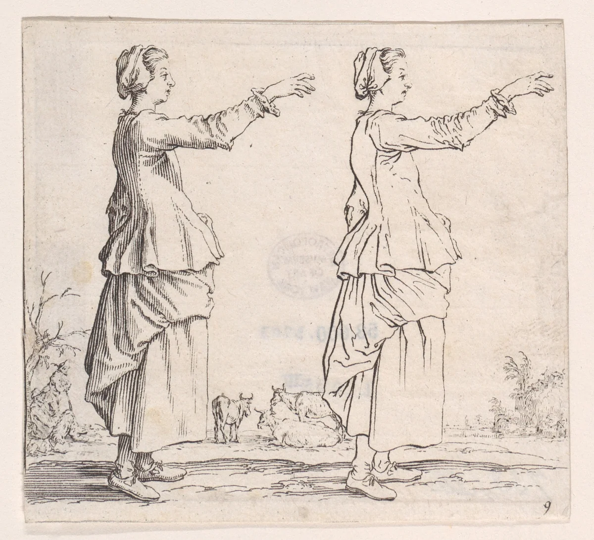 La Paysanne Torunée a Droite, la Main Tendue en Avant (The Peasant Woman Turned to the Right, her Hand Extended Forward), plate 9 from "Varie Figure" (Various Figures) by Jacques Callot, print, 1615-1625