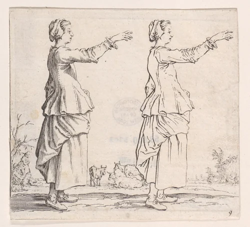 La Paysanne Torunée a Droite, la Main Tendue en Avant (The Peasant Woman Turned to the Right, her Hand Extended Forward), plate 9 from "Varie Figure" (Various Figures) by Jacques Callot, print, 1615-1625