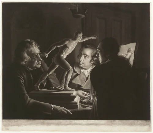 Three Persons Viewing the Gladiator by Candlelight by William Pether, print, 1769