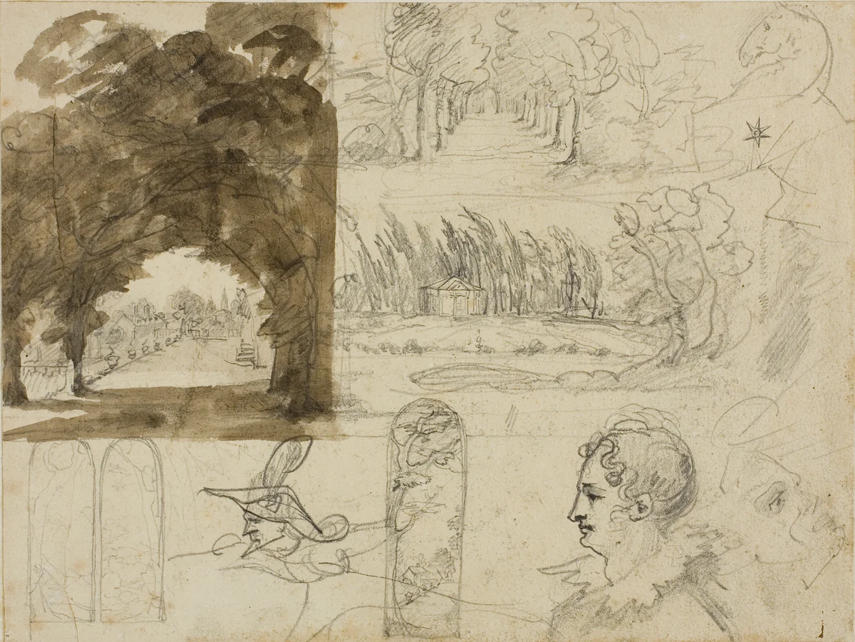 Sketches of Park Views, Heads, a Horse by Jean Louis André Théodore Géricault, drawing, 1813-1814