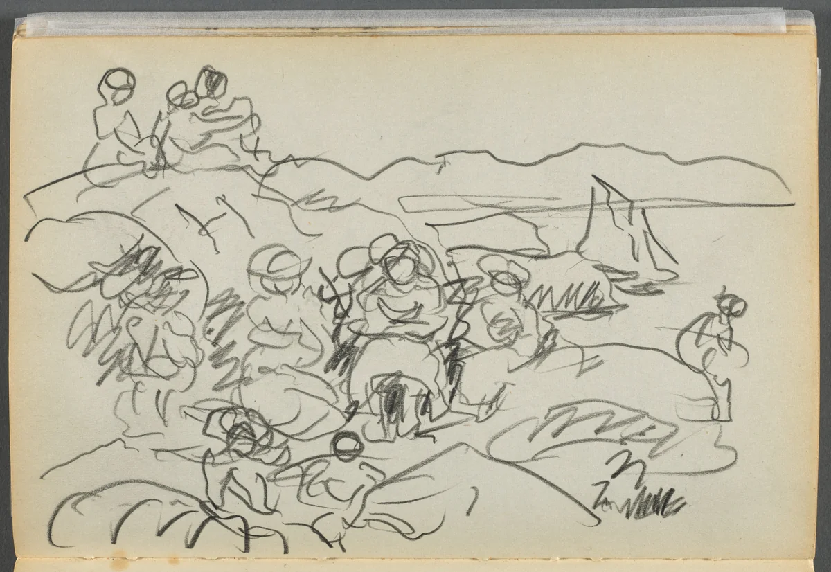 Sketchbook- The Granite Shore Hotel, Rockport, page 096: Picnickners by Maurice Prendergast, book, 1905-1910
