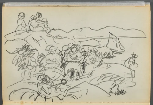 Sketchbook- The Granite Shore Hotel, Rockport, page 096: Picnickners by Maurice Prendergast, book, 1905-1910