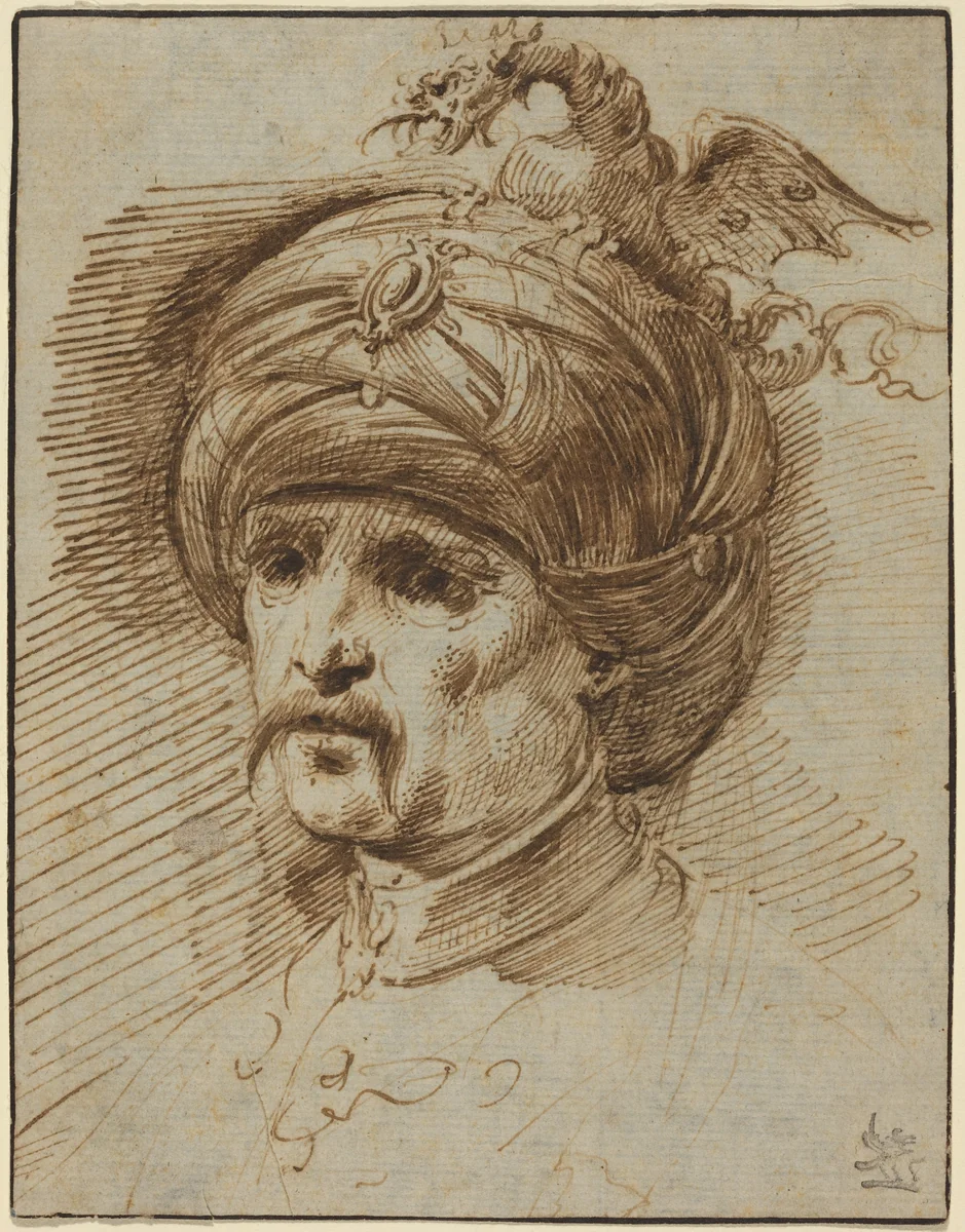 Oriental in a Fantastic Headdress by Christian Wilhelm Ernst Dietrich, drawing, 1731-1732