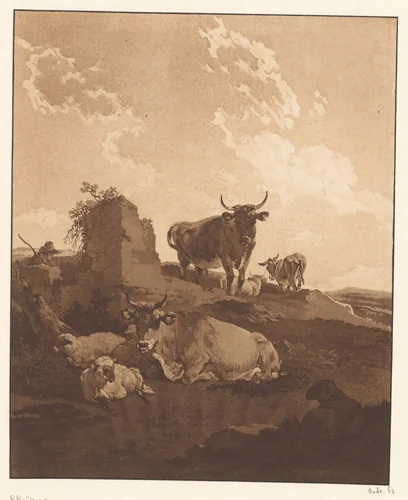 Ruïnelandschap met runderen by Wilhelm Kobell, print, 1791