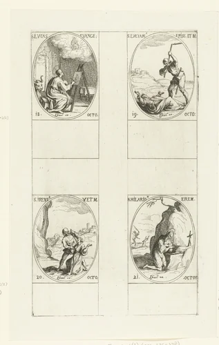 Heilige Lucas de Evangelist, Heilige Lucianus, Heilige Irene van Portugal, Heilige Hilarion de Grote (18-21 oktober) by Jacques Callot, print, 1632-1636
