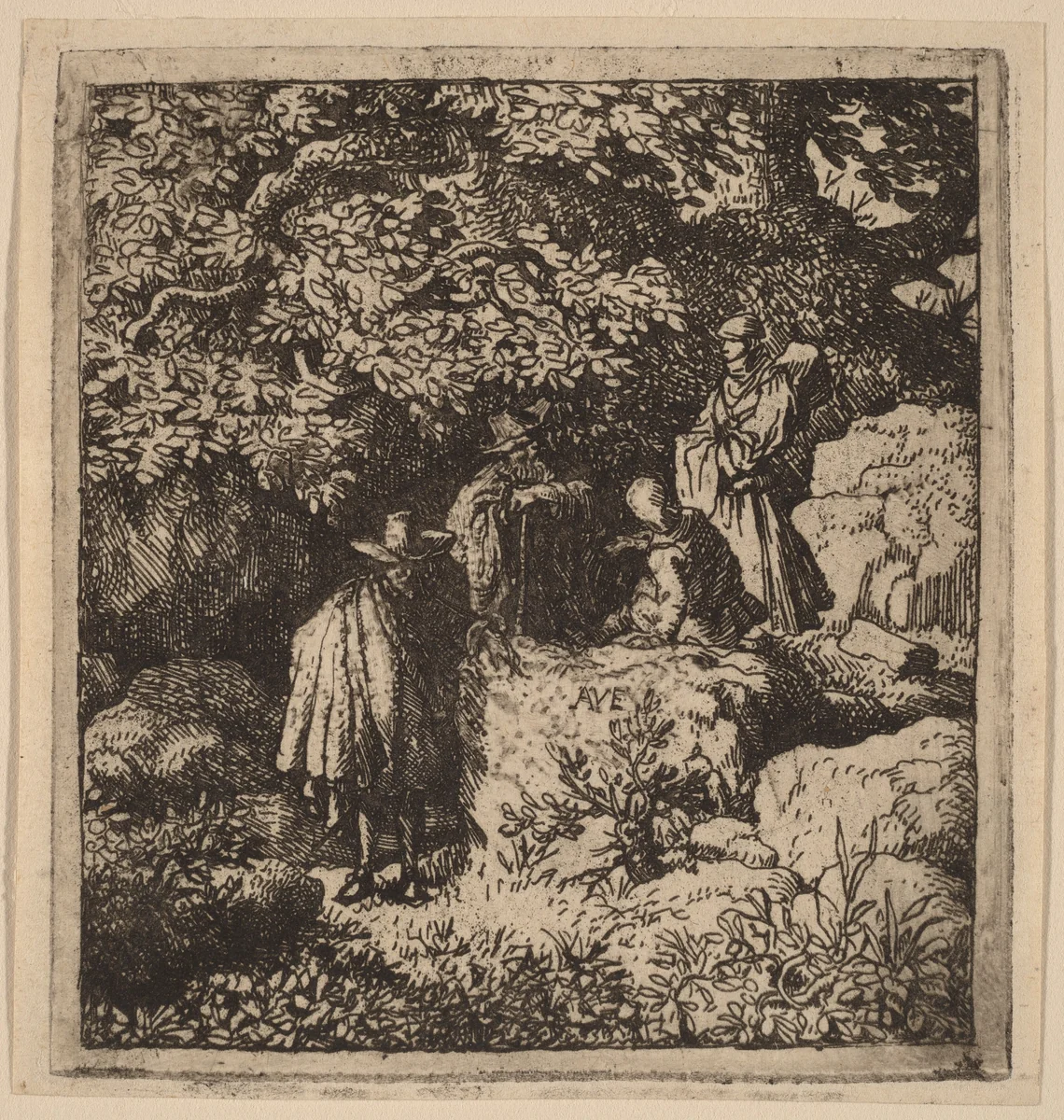 Four Figures under a Tree by Allart van Everdingen, print, 1645-1656