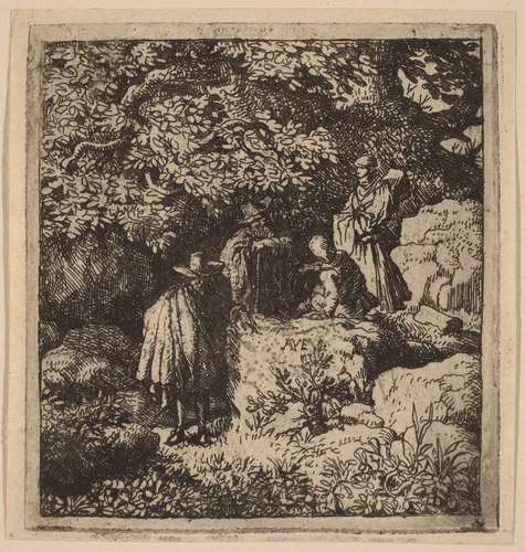 Four Figures under a Tree by Allart van Everdingen, print, 1645-1656