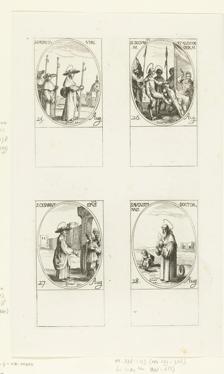 Heilige Patricia van Napels, Heilige Secundus en Heilige Alexander van Bergamo, Heilige Caesarius van Arles, Heilige Augustinus van Hippo (25-28 augustus) by Jacques Callot, print, 1632-1636
