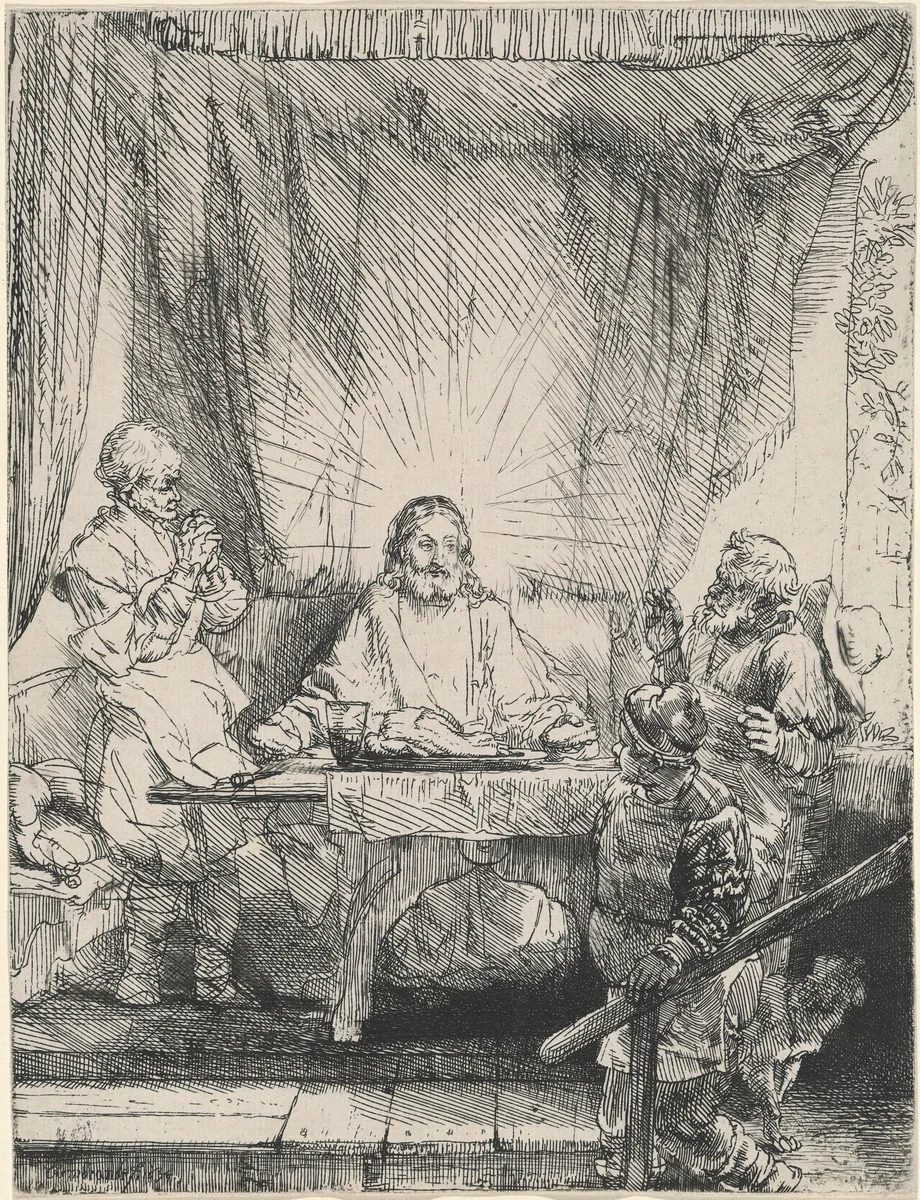 Christ at Emmaus: the Larger Plate by Rembrandt van Rijn, print, 1654