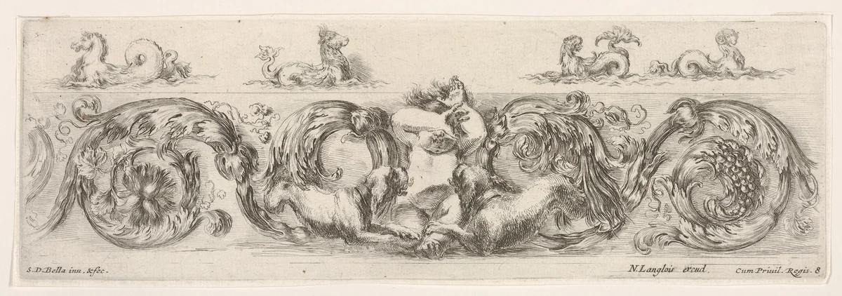 Design for a Frieze with Acanthus Scrolls and a Child flanked by Dogs in the Center, plate 8 from "Decorative friezes and foliage" (Ornamenti di fregi e fogliami) by Stefano della Bella, print, 1645-1650