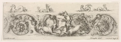 Design for a Frieze with Acanthus Scrolls and a Child flanked by Dogs in the Center, plate 8 from "Decorative friezes and foliage" (Ornamenti di fregi e fogliami) by Stefano della Bella, print, 1645-1650