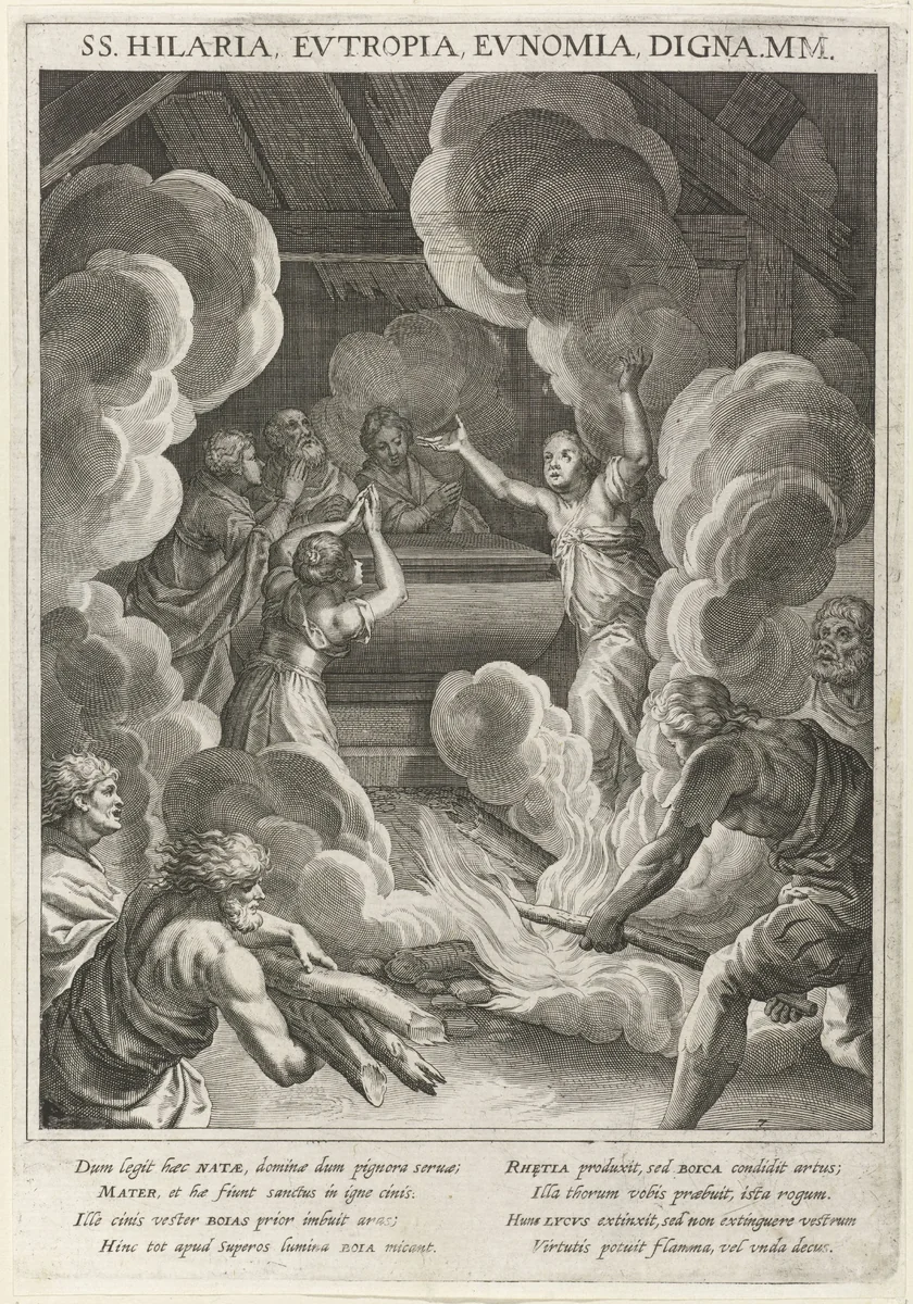 Martelaarsdood van de heiligen Hilaria, Digna, Eunomia en Euprepia by Raphaël Sadeler, print, 1615