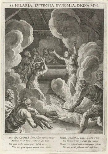 Martelaarsdood van de heiligen Hilaria, Digna, Eunomia en Euprepia by Raphaël Sadeler, print, 1615