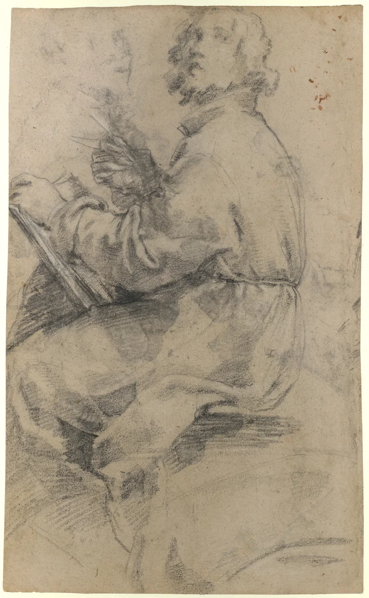 Seated Male Figure with the Head of an Onlooker (recto); Standing Male Figure in a Monk's Habit (verso) by Bernardino Poccetti, drawing, 1548-1612