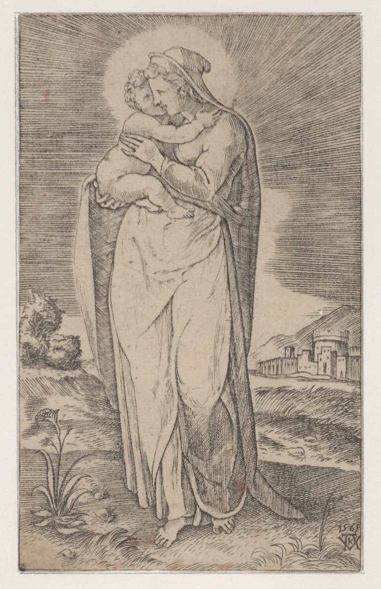 Virgin and Child (La Sainte Vierge debout embrassant l'enfant Jesus) by Mario Cartaro, print, 1565