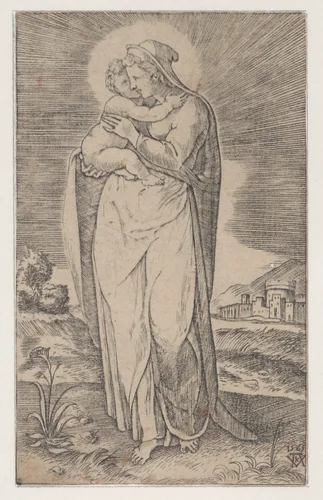 Virgin and Child (La Sainte Vierge debout embrassant l'enfant Jesus) by Mario Cartaro, print, 1565