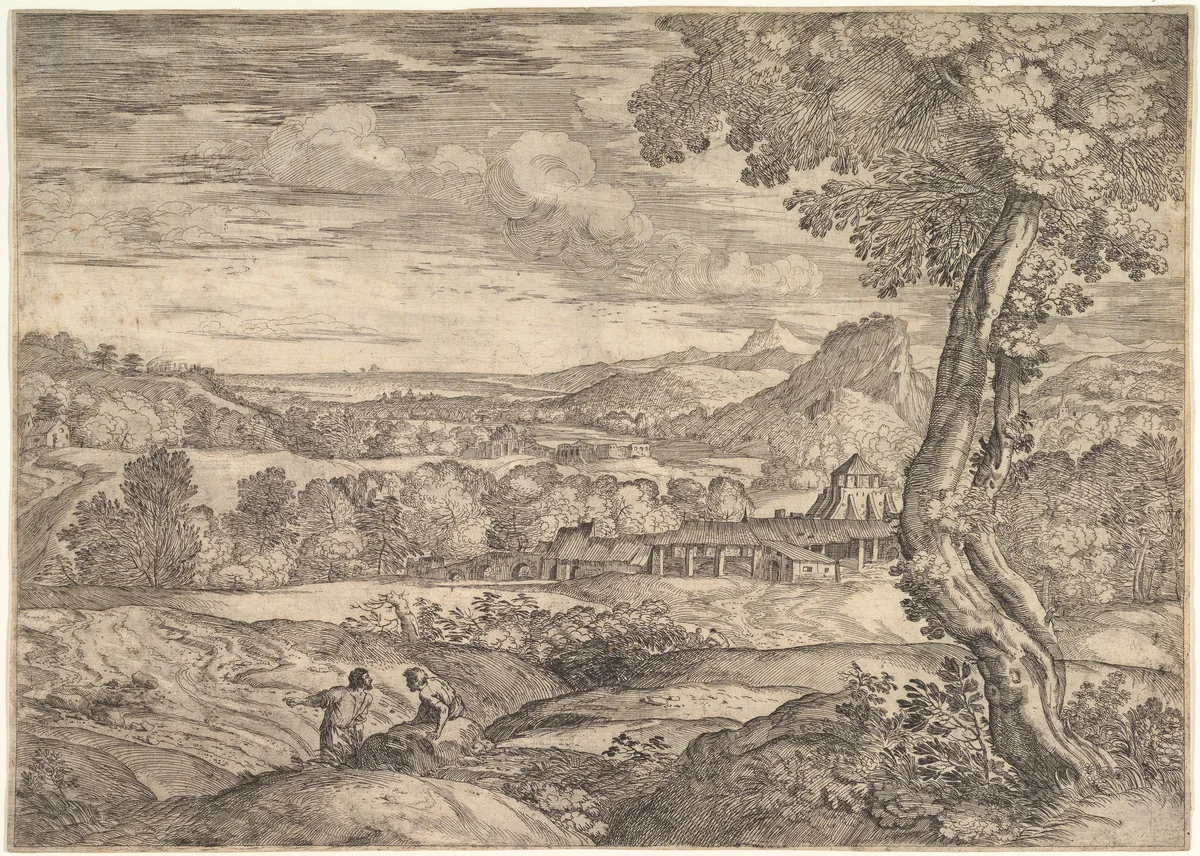 Landscape with a brick factory in the middle ground, a standing man in the foreground points to the left as he faces a man lying on a rock by Giovanni Francesco Grimaldi, print, 1626-1680