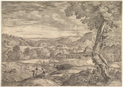 Landscape with a brick factory in the middle ground, a standing man in the foreground points to the left as he faces a man lying on a rock by Giovanni Francesco Grimaldi, print, 1626-1680