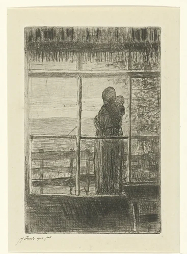 Wachtende vrouw met kind by Jozef Israëls, print, 1835-1911