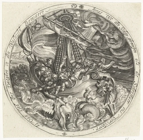 Jona wordt door de zeelieden over boord gegooid by Unknown, print, 1589-1626