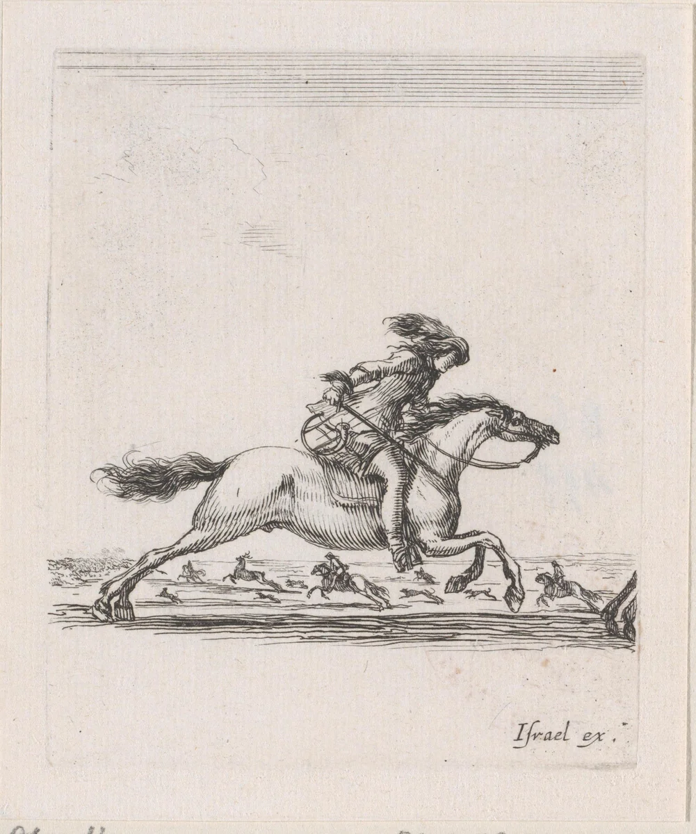 Ruiter met zwaard in hand op een rennend paard in een landschap met meer ruiters te paard by Stefano della Bella, print, 1620-1664