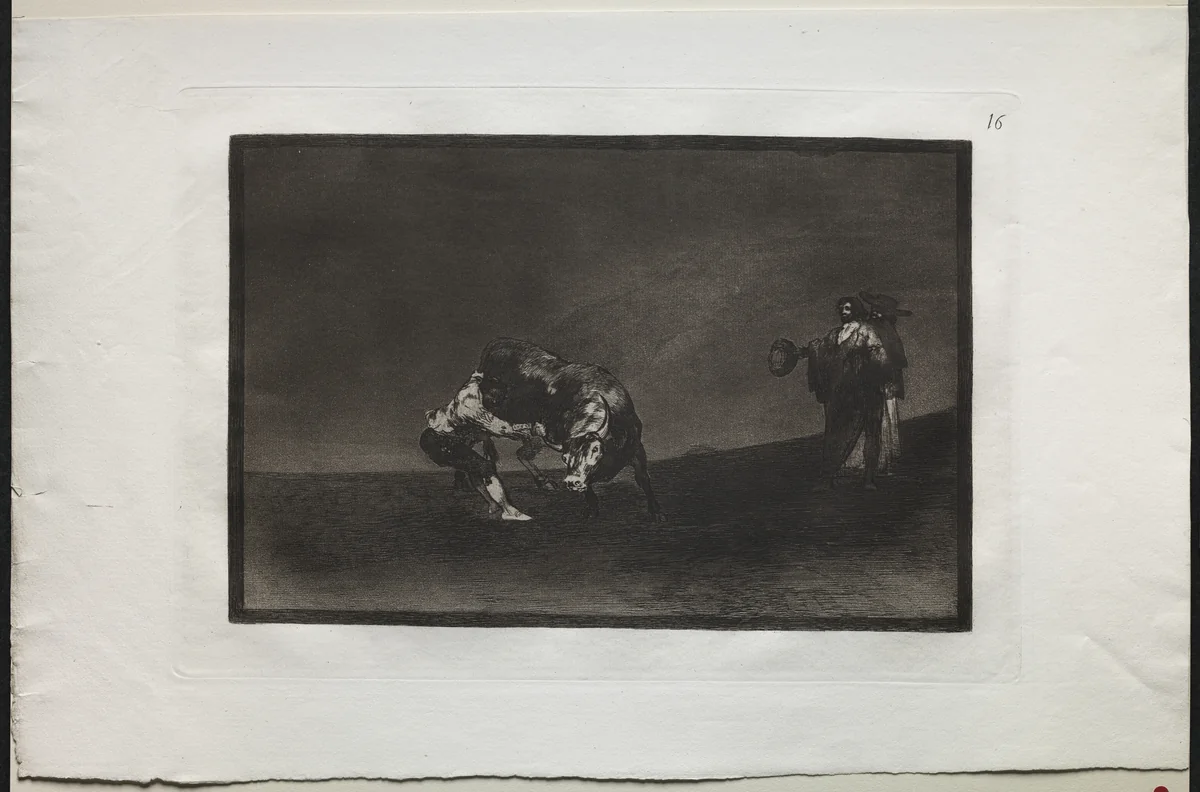 Bullfights: The Same Man Throws a Bull in the Ring at Madrid by Francisco de Goya, print, 1816-1876