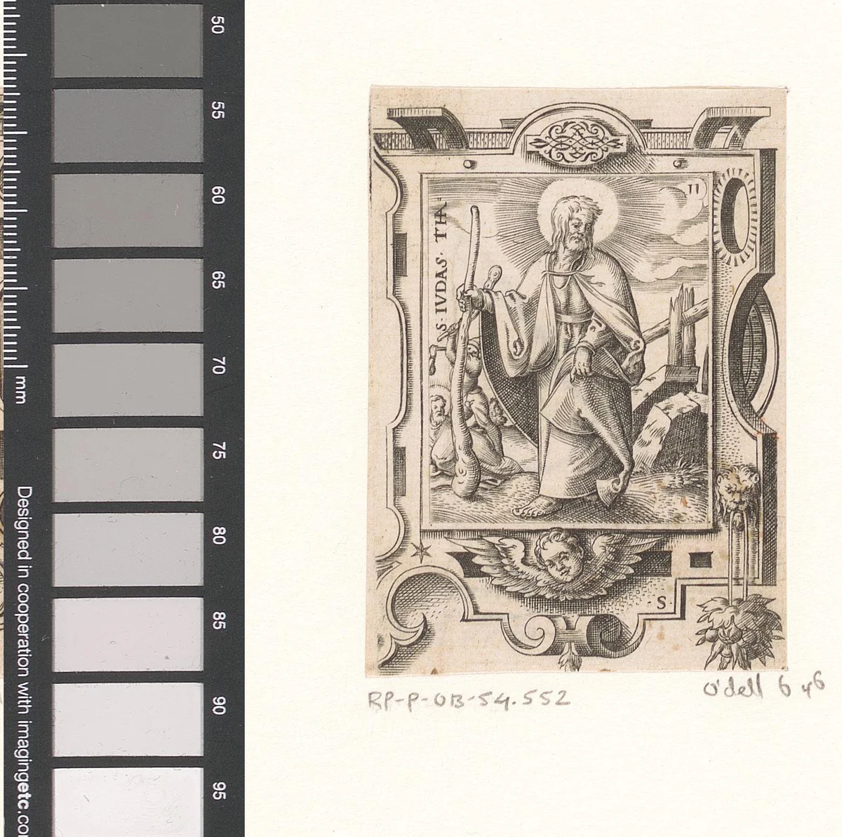 Heilige Judas Taddeüs in een rolwerk omlijsting by Unknown, print, 1568