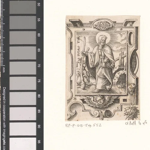 Heilige Judas Taddeüs in een rolwerk omlijsting by Unknown, print, 1568
