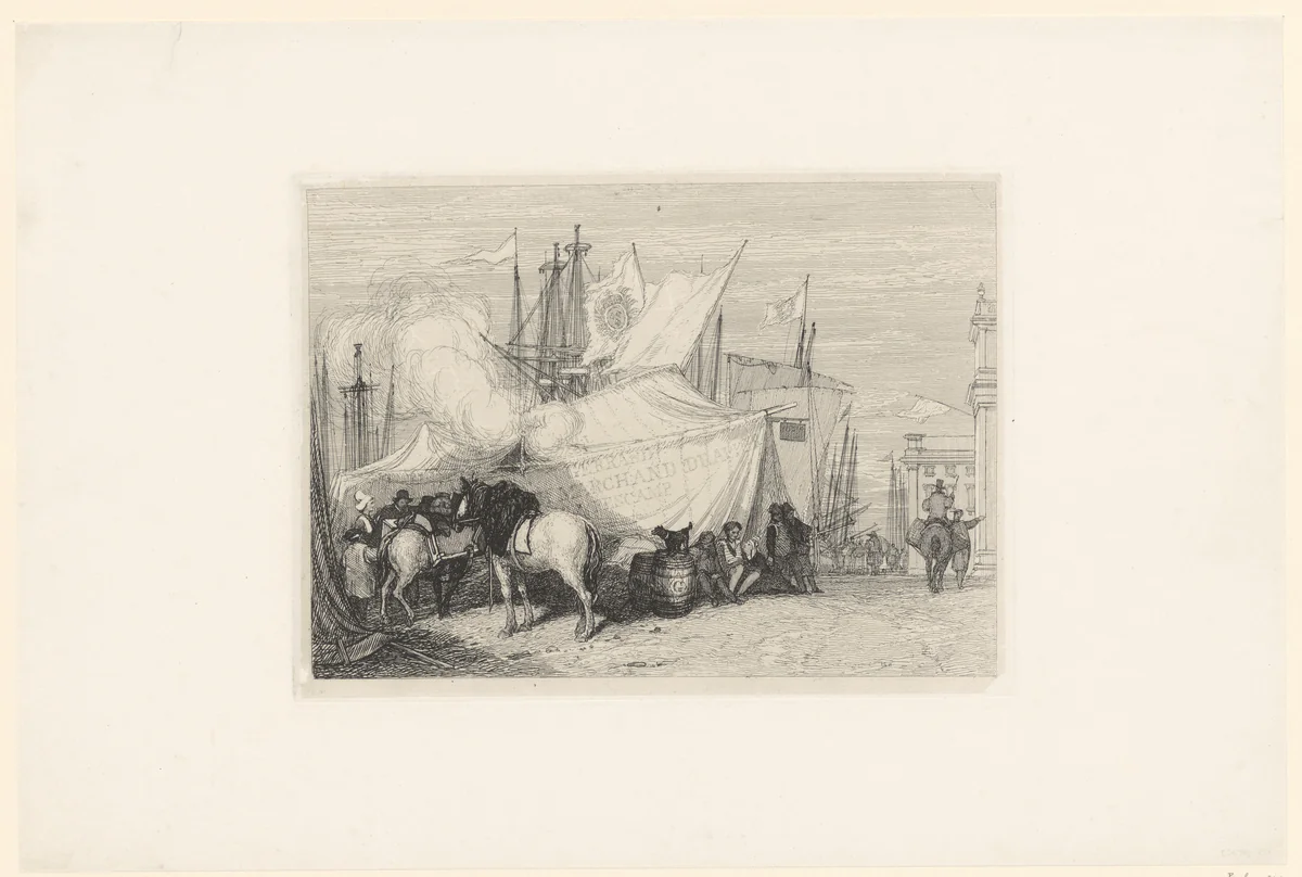Figuren en paarden in de haven van Fécamp by John Sell Cotman, print, 1792-1842