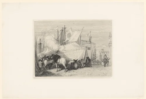 Figuren en paarden in de haven van Fécamp by John Sell Cotman, print, 1792-1842