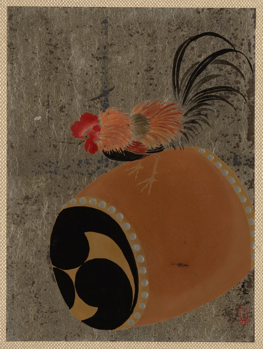 Cock on Drum by Shibata Zeshin (柴田是真), painting, 1882