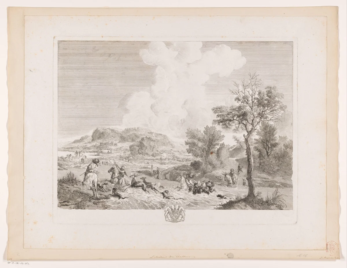 Hertenjagers steken een rivier over by Jean Moyreau, print, 1747
