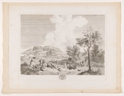 Hertenjagers steken een rivier over by Jean Moyreau, print, 1747
