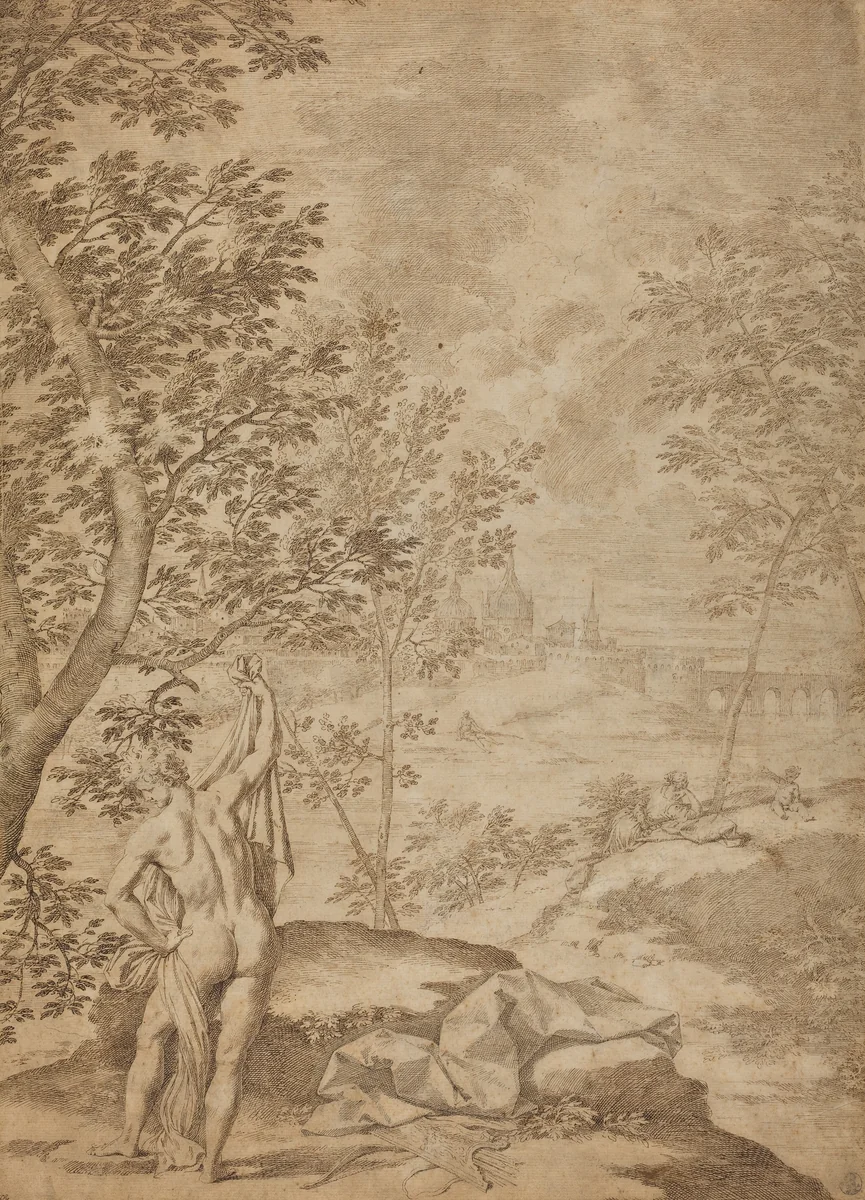 Apollo Standing in a River Landscape by Donato Creti, drawing, 1720-1730
